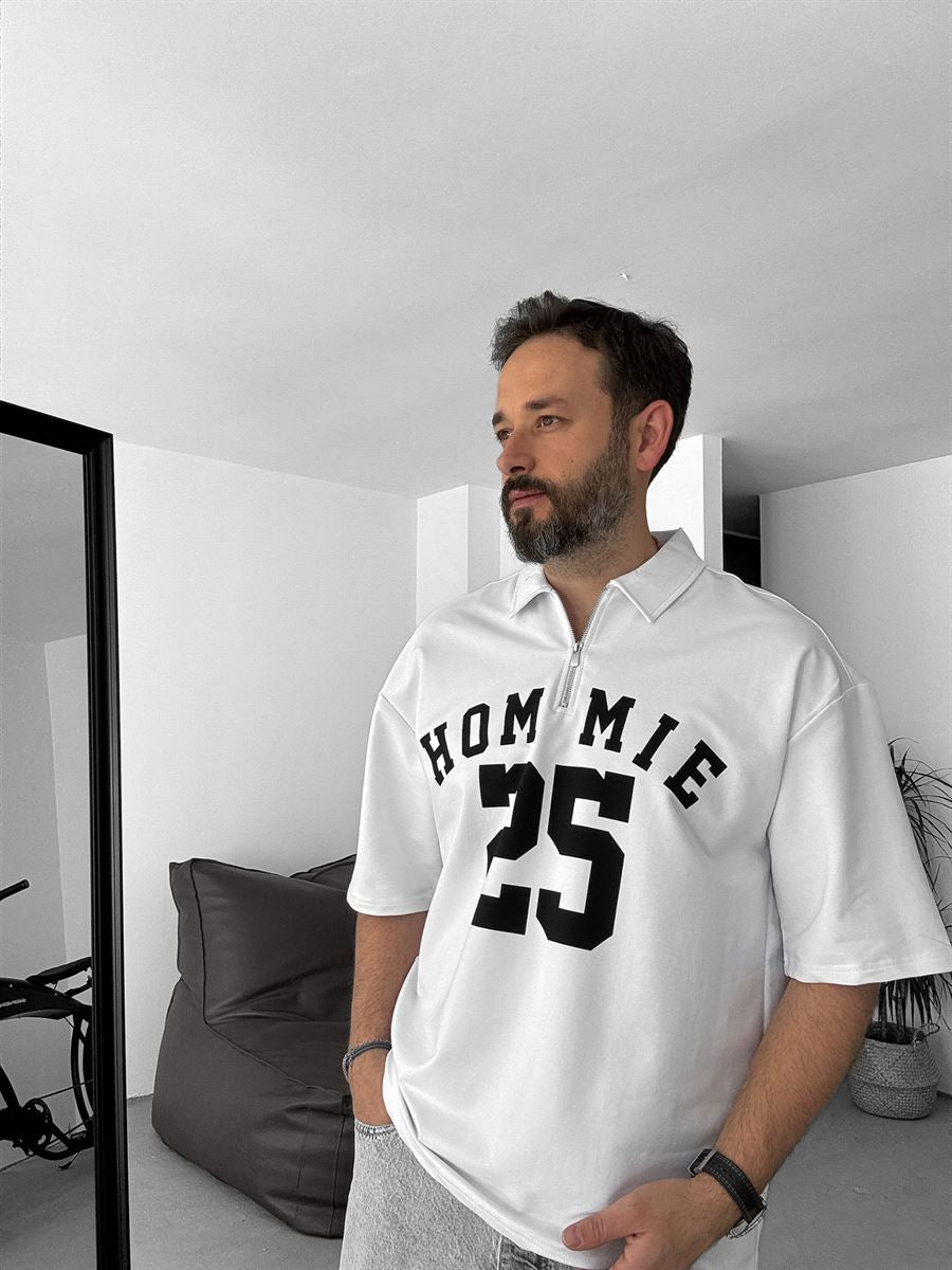Cotton Jersey Half Zip Shirt – White with Homie Print: