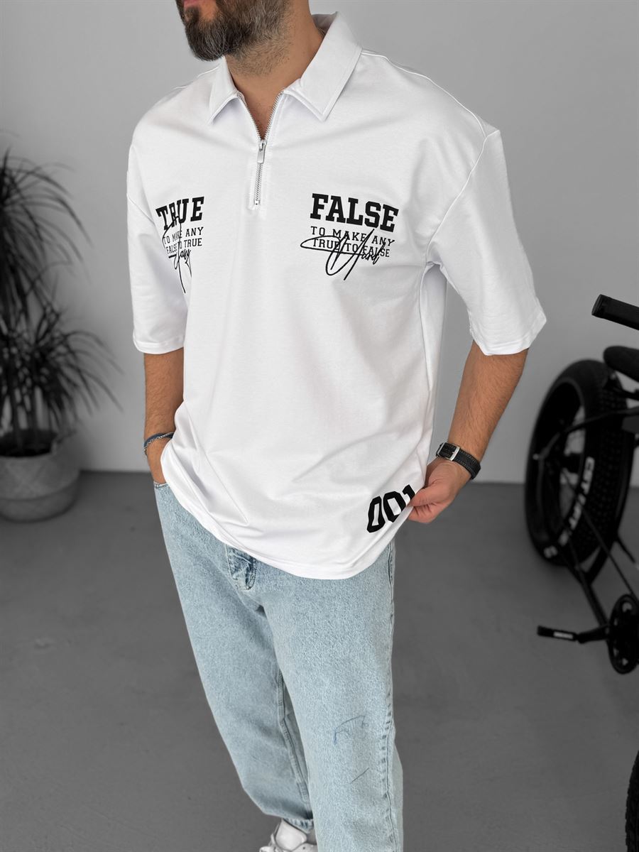 Cotton Jersey Half Zip Shirt | True & False Graphic Print | White