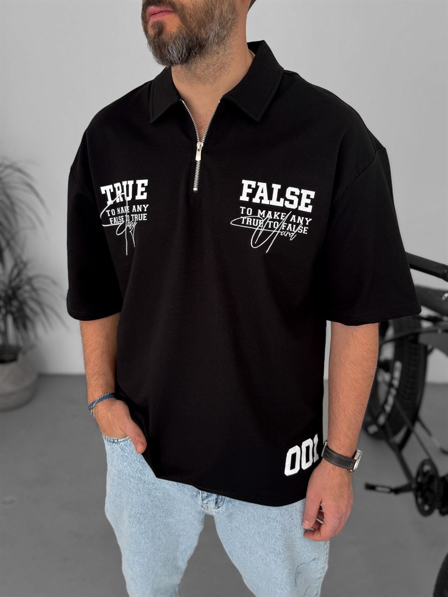 Cotton Jersey Half-Zip Shirt – Black | True & False Graphic Print