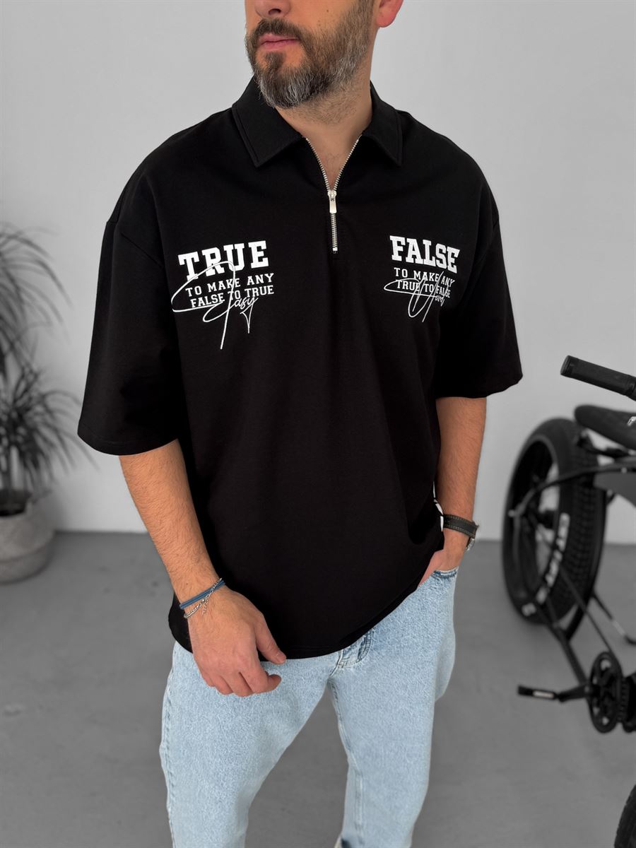 Cotton Jersey Half-Zip Shirt – Black | True & False Graphic Print