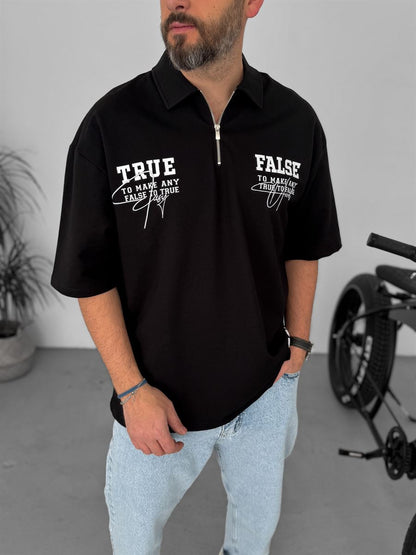 Cotton Jersey Half-Zip Shirt – Black | True & False Graphic Print