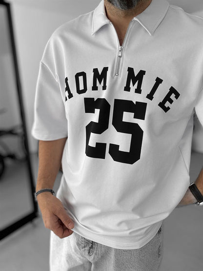 Cotton Jersey Half Zip Shirt – White with Homie Print: