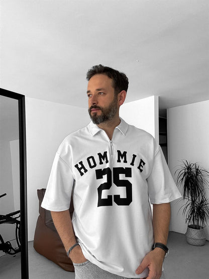 Cotton Jersey Half Zip Shirt – White with Homie Print: