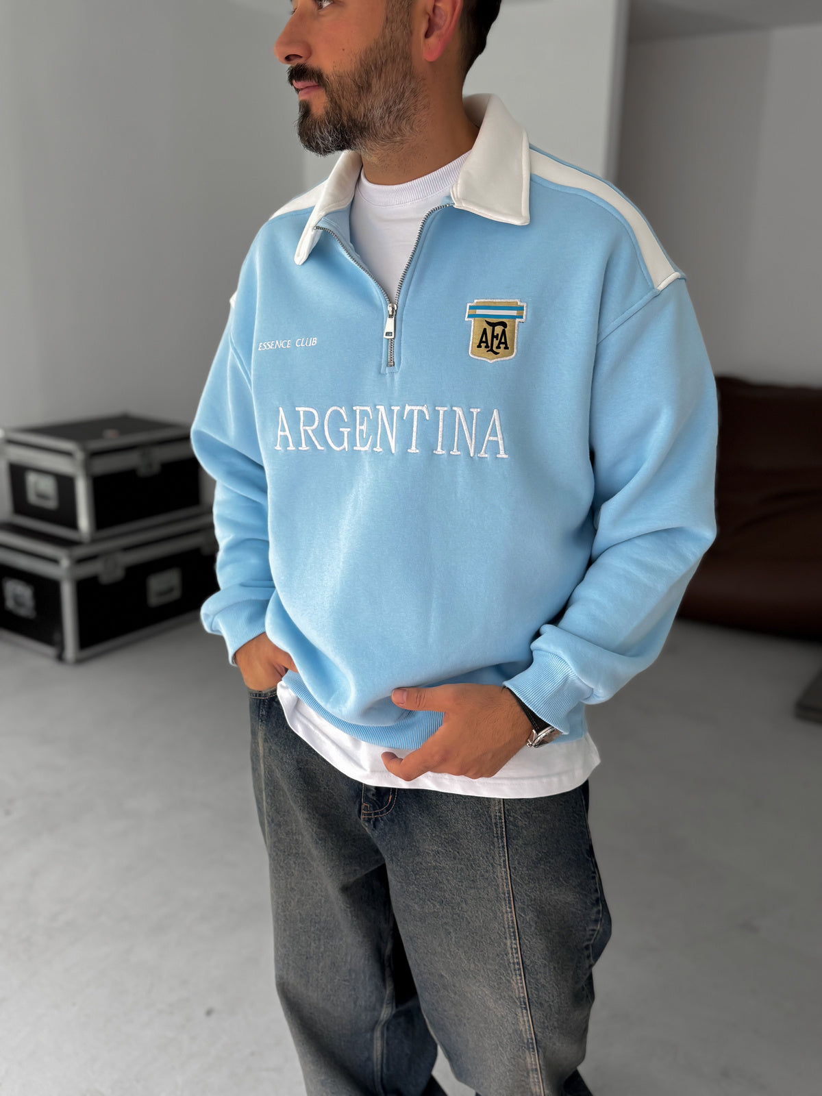 Quater zip Sky Blue With White penal Oversize Shirt
