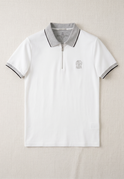Half-Zip Cotton Jersey Shirt – White with Grey Tipped Collar