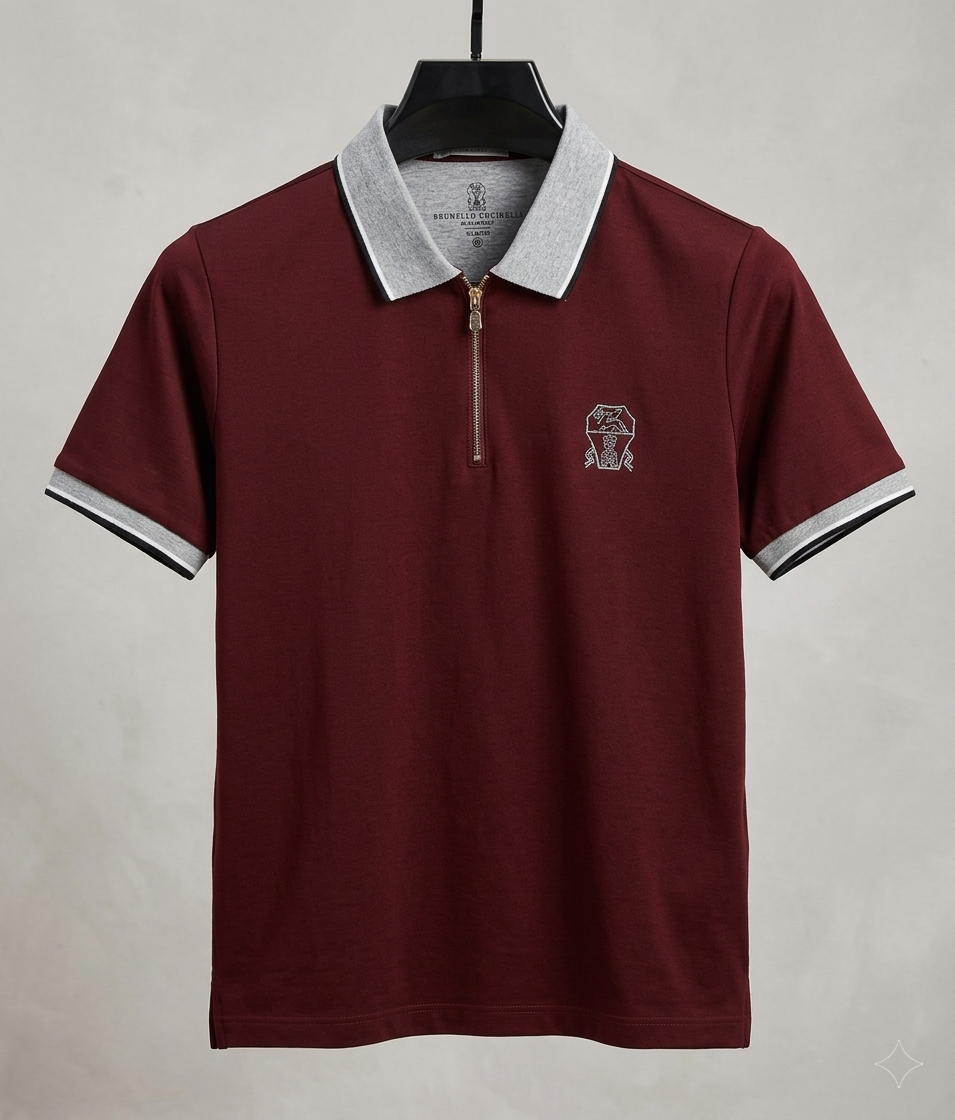 Half-Zip Cotton Jersey Shirt — Maroon with Grey-Tipped Collar