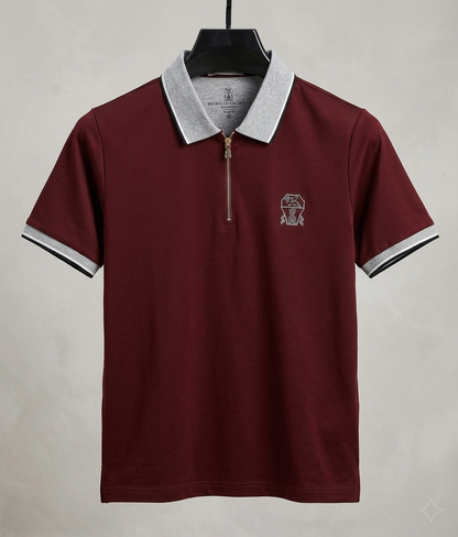 Half-Zip Cotton Jersey Shirt — Maroon with Grey-Tipped Collar