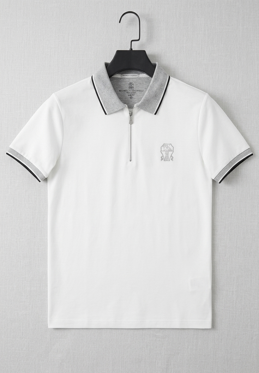 Half-Zip Cotton Jersey Shirt – White with Grey Tipped Collar