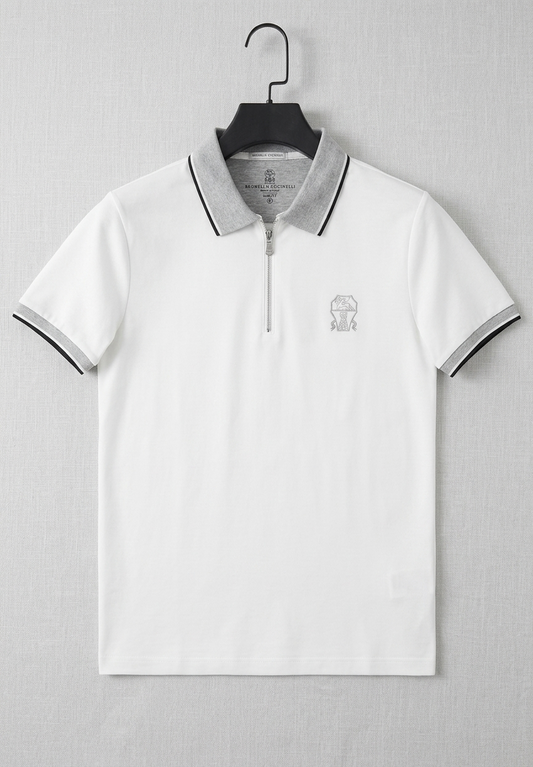 Half-Zip Cotton Jersey Shirt – White with Grey Tipped Collar