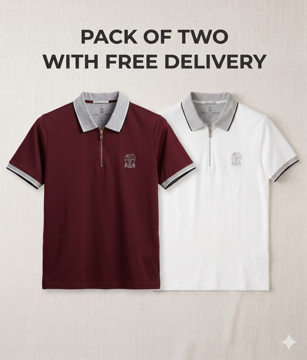Pack of Two Half zip cotton jersy gry tipped collar