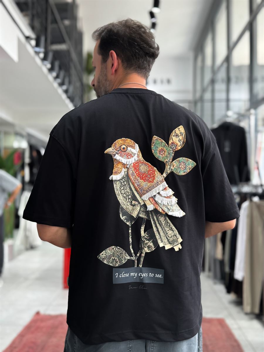 Black Motif Bird Patch Oversize T-Shirt