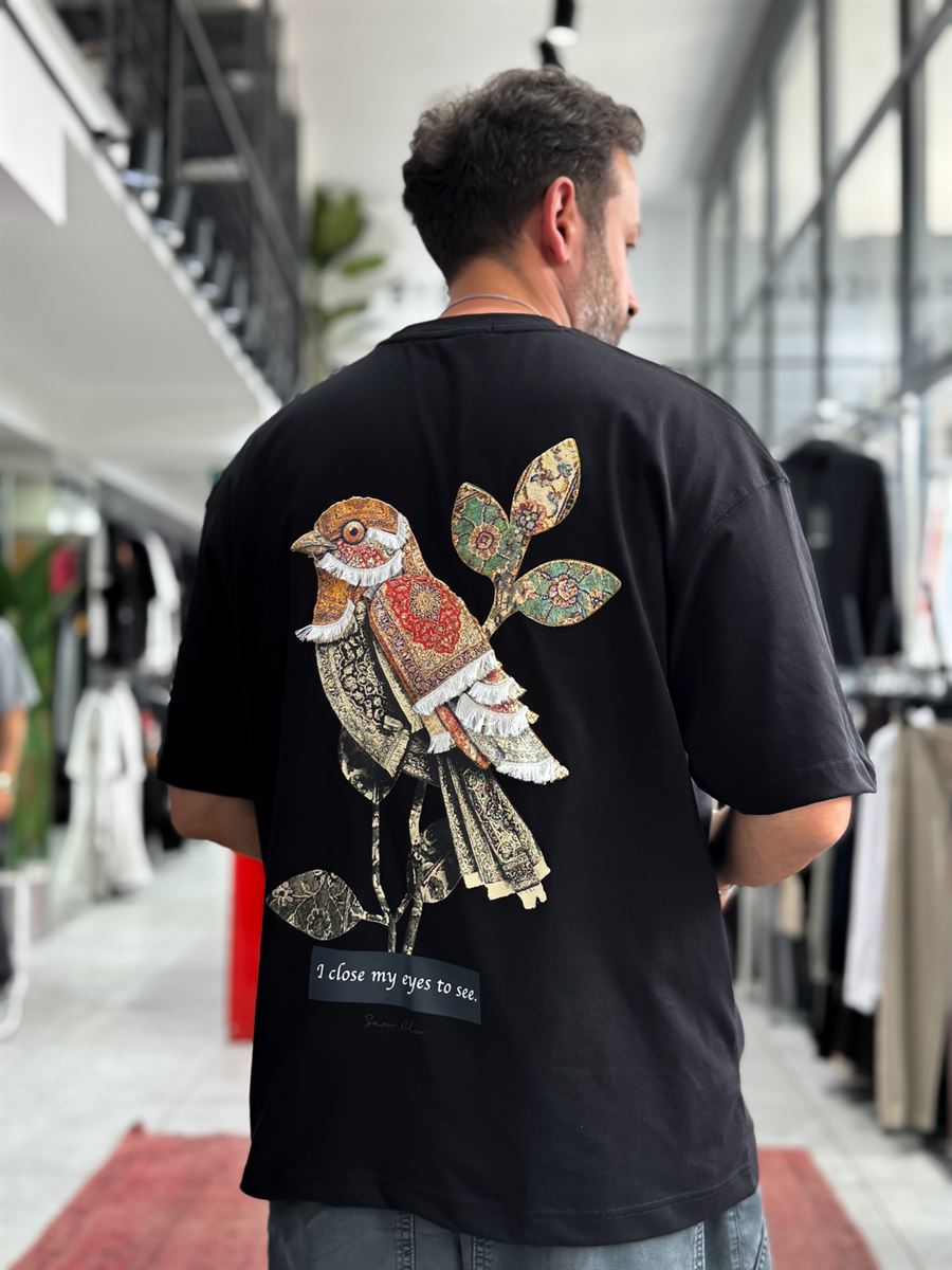 Black Motif Bird Patch Oversize T-Shirt