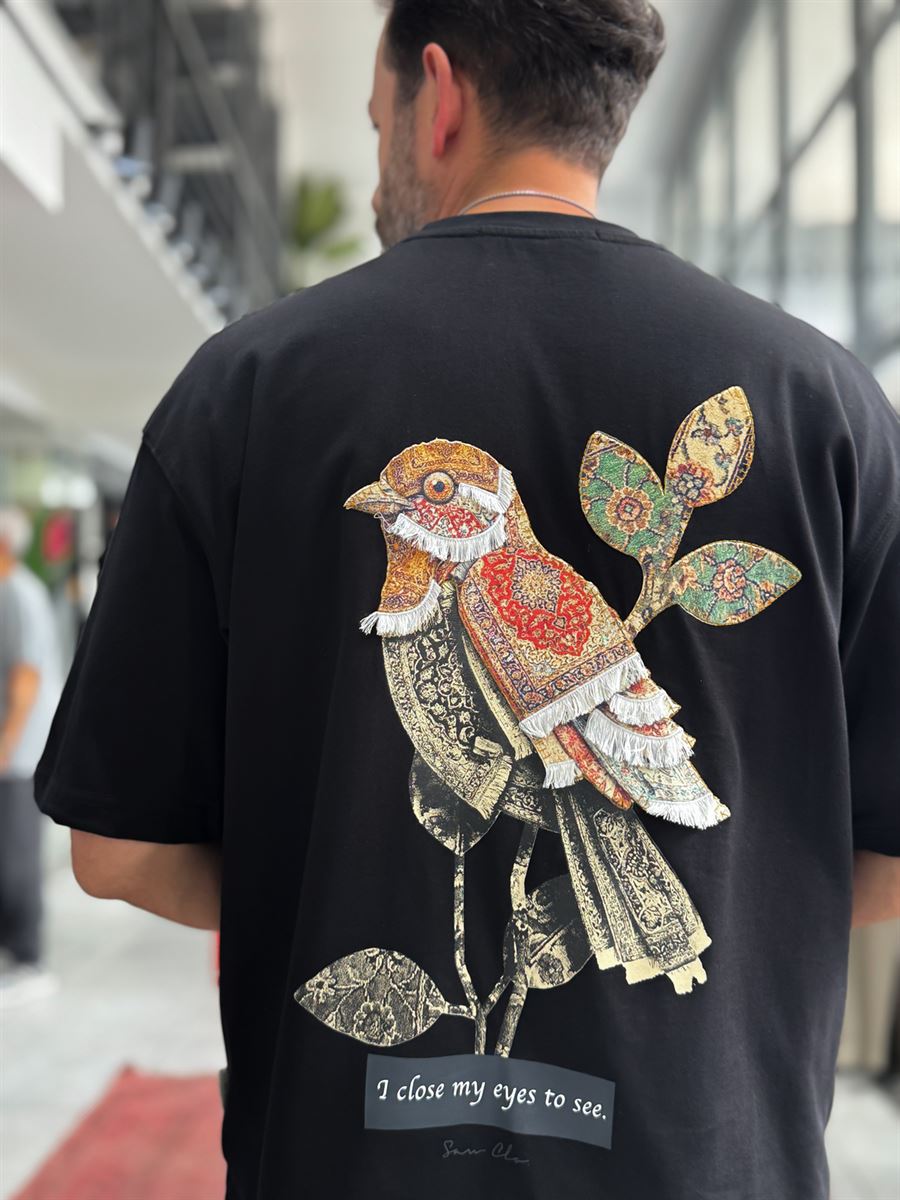 Black Motif Bird Patch Oversize T-Shirt