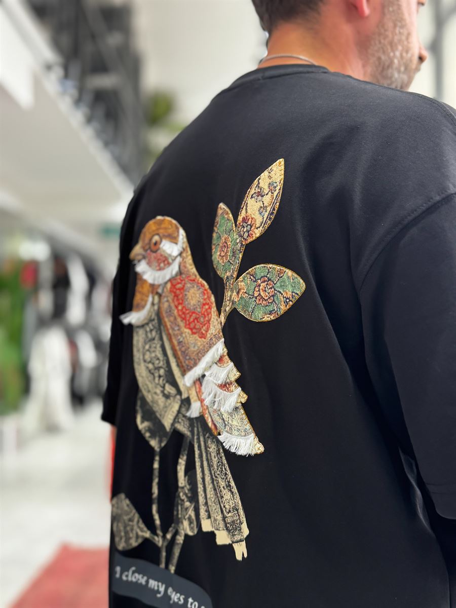 Black Motif Bird Patch Oversize T-Shirt