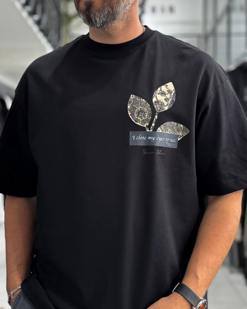 Black Motif Bird Patch Oversize T-Shirt