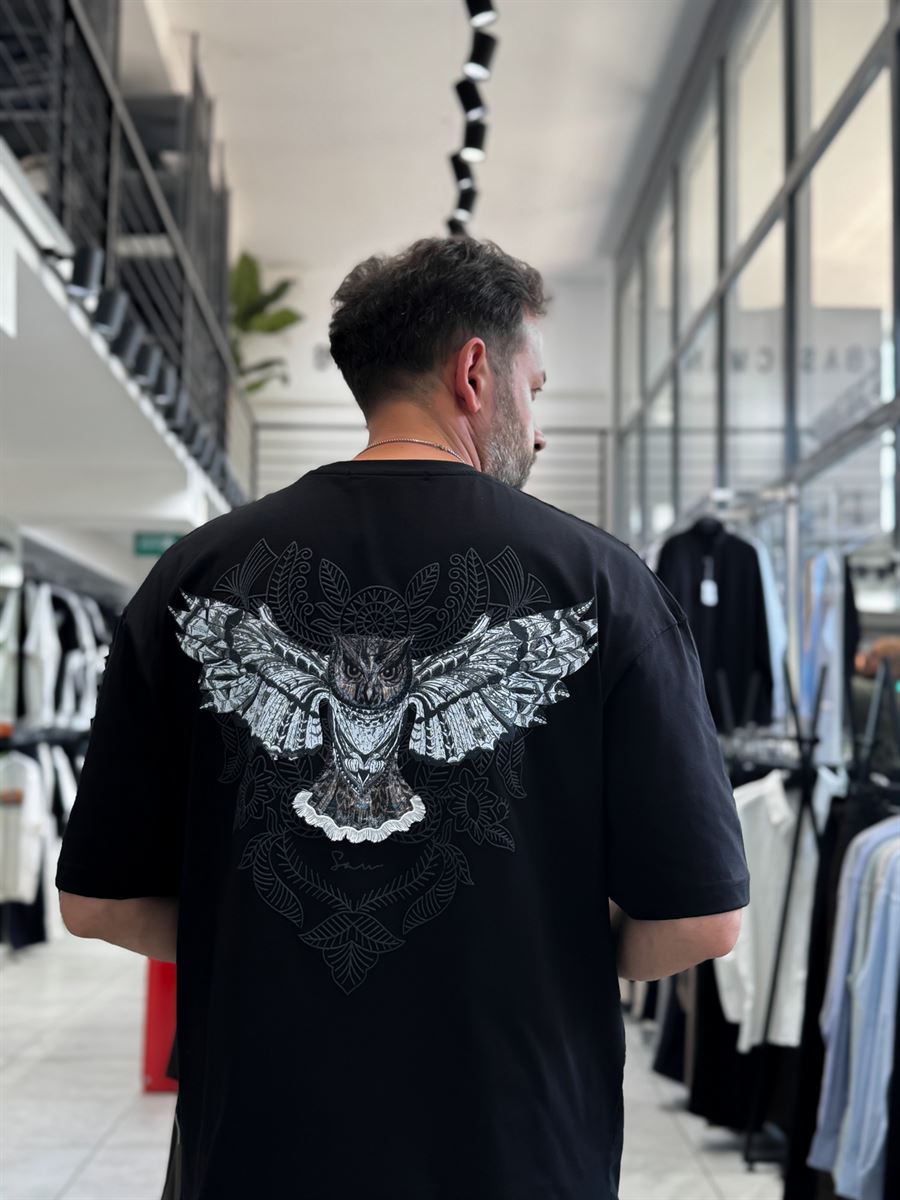 Black Hologram Owl Print Oversize T-Shirt