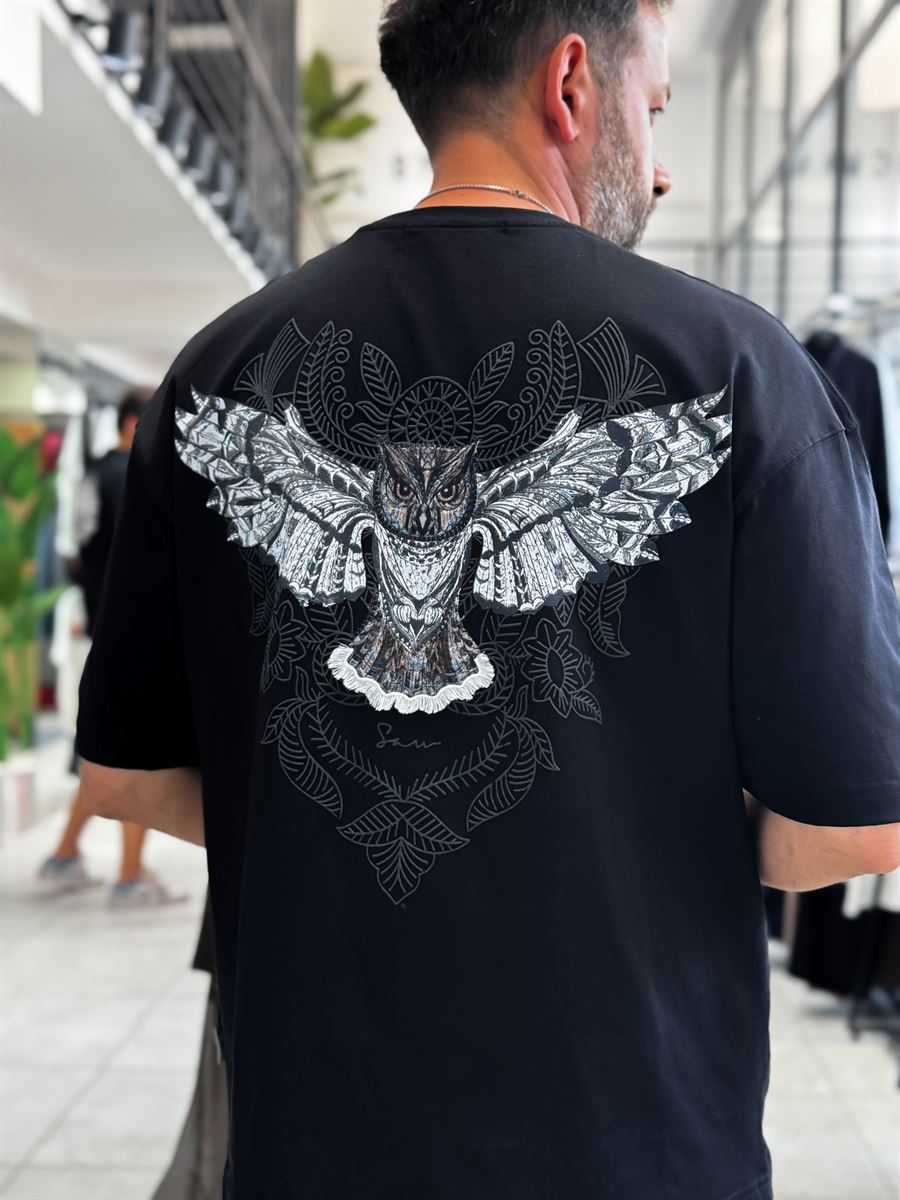 Black Hologram Owl Print Oversize T-Shirt