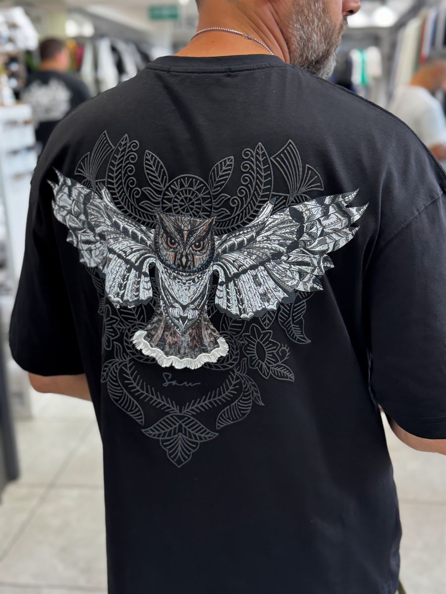 Black Hologram Owl Print Oversize T-Shirt