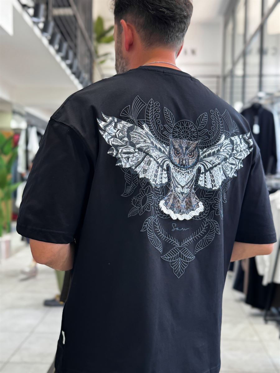 Black Hologram Owl Print Oversize T-Shirt