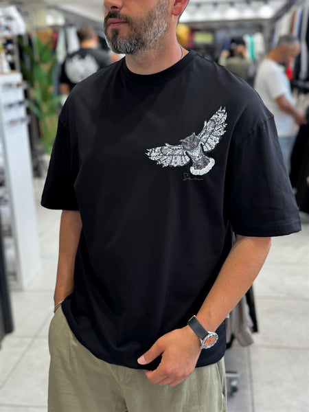 Black Hologram Owl Print Oversize T-Shirt