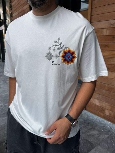 White Oversize T-Shirt with Back Floral Embroidery